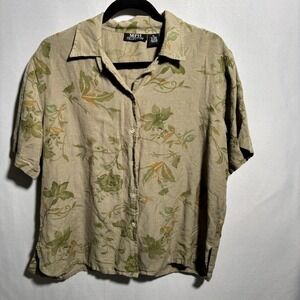 VTG MPH Collection Green Linen Blend Button Up Top Floral Short Sleeve XL Blouse